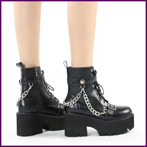 Platform Combat Boots, Lace Up Gothic Ankle Boots, Chunky Heel - Picture 7 of 8